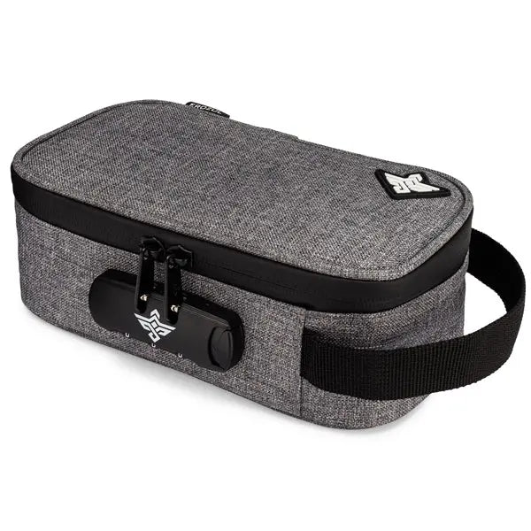 The Erozul Genesis Storage Travel Case is a grey, rectangular, water-resistant fabric organizer with a black handle, dual zipper pulls, and built-in combination lock—ideal for secure travel storage.
